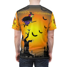 Load image into Gallery viewer, Unisex AOP Cut &amp; Sew Tee - Happy Halloween - Flying Witch with Pumpkins and multiple Scenes - Trick or Treet
