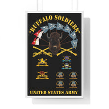 Load image into Gallery viewer, Premium Framed Vertical Poster - Buffalo Soldiers - Infantry - Cavalry Guidons with Buffalo Head  and Unit Crests - US Army
