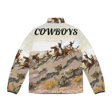 Load image into Gallery viewer, Men&#39;s Puffer Jacket (AOP) - Old West Cowboys Wrangling the Herd w Text
