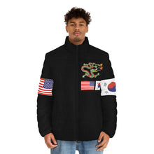 Load image into Gallery viewer, Men&#39;s Puffer Jacket (AOP) - Black Shirt with Korea Dragon and Flags
