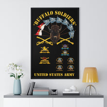 Load image into Gallery viewer, Premium Framed Vertical Poster - Buffalo Soldiers - Infantry - Cavalry Guidons with Buffalo Head  and Unit Crests - US Army
