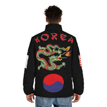 Load image into Gallery viewer, Men&#39;s Puffer Jacket (AOP) - Black Shirt with Korea Dragon and Flags
